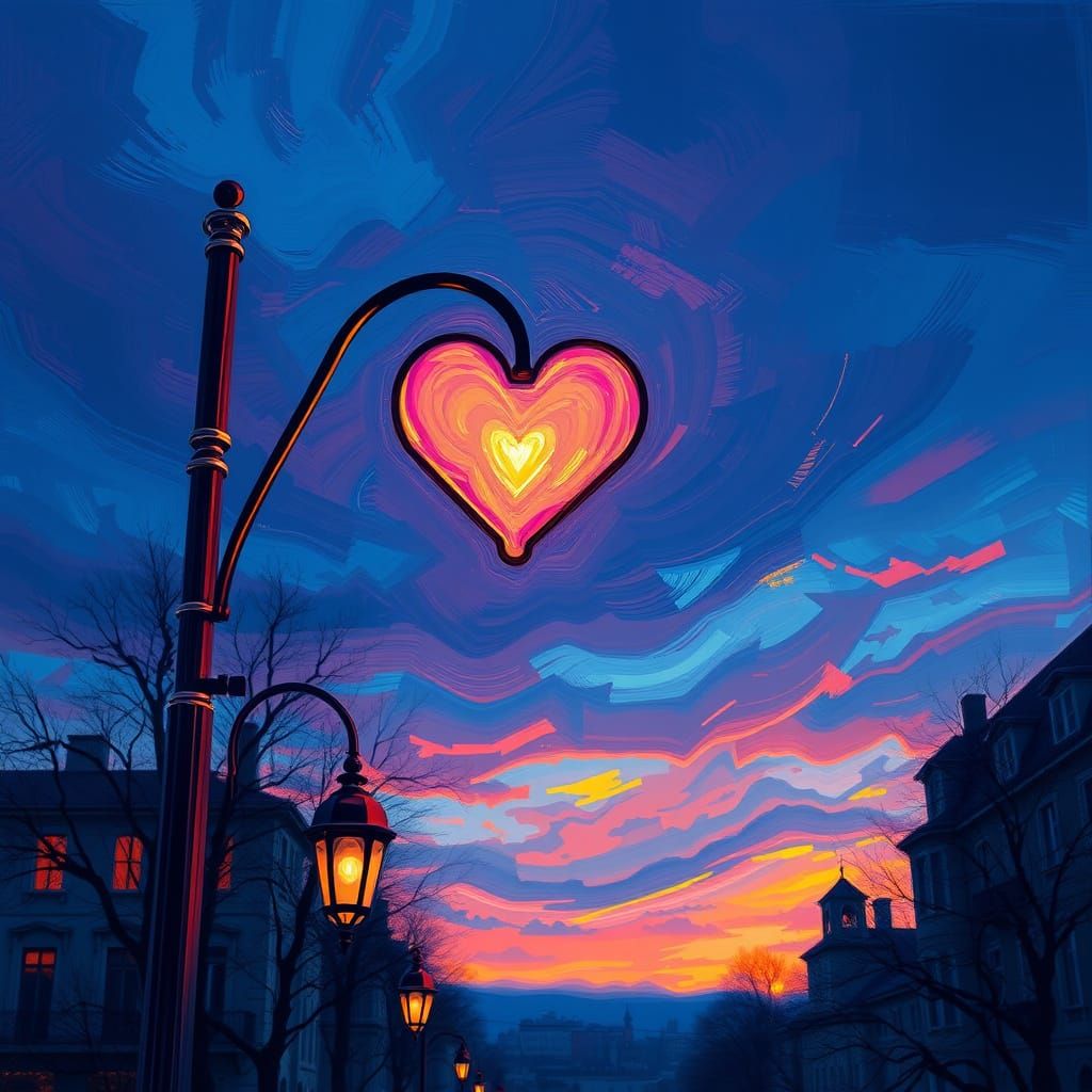 Vibrant Neo-Impressionist Cityscape with Heart-Shaped Street...