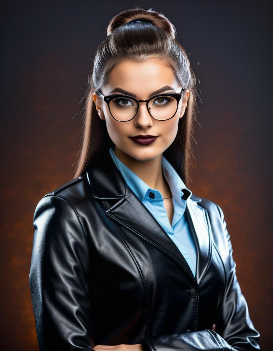 Geeky College Student in Leather Outfit Class Photo