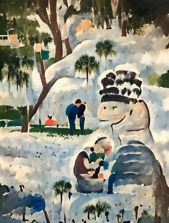 Couple Building a Snowman in Winter Park, Folk Art