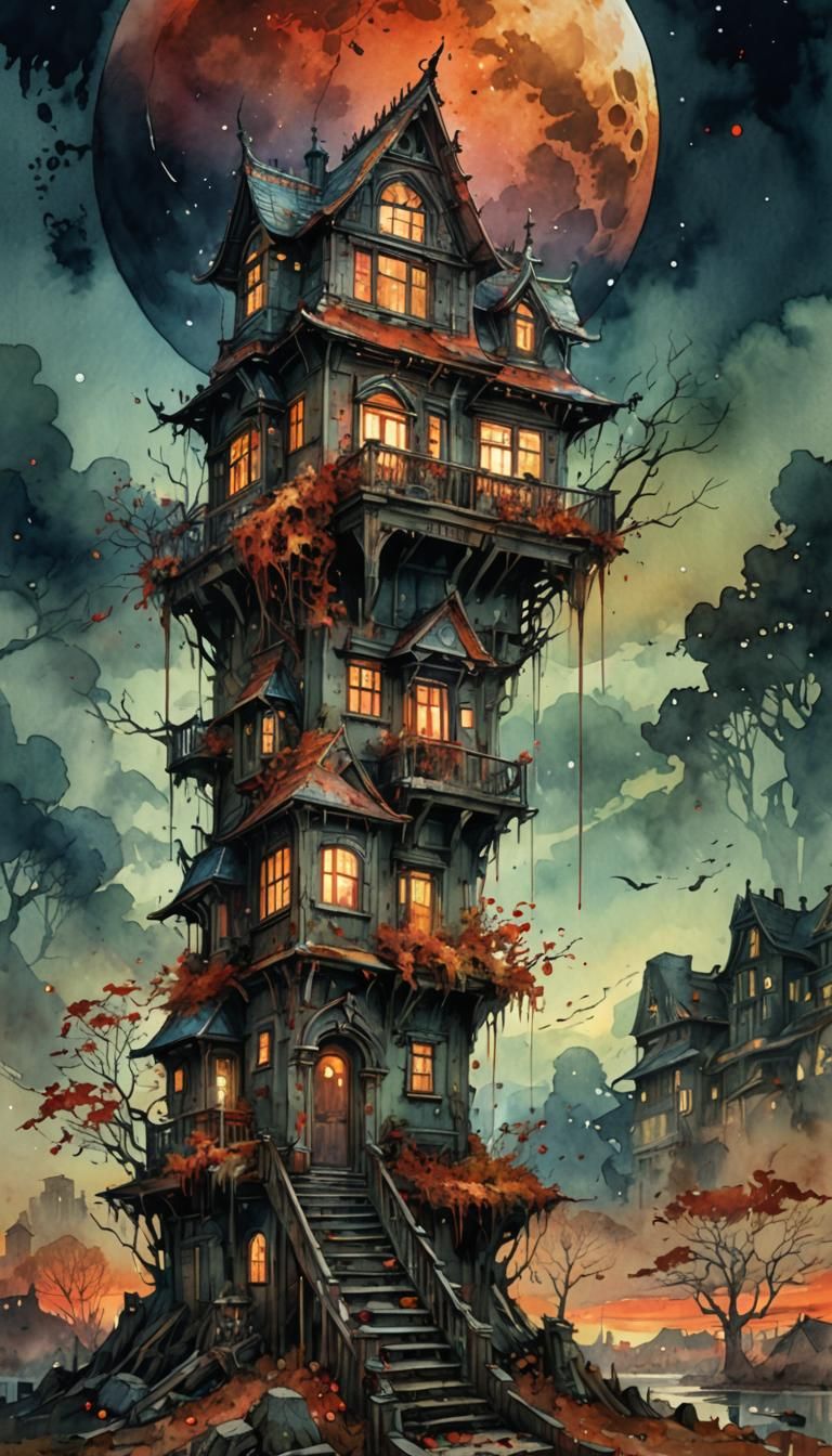 Haunted House Watercolor Illustration Under Blood Moon