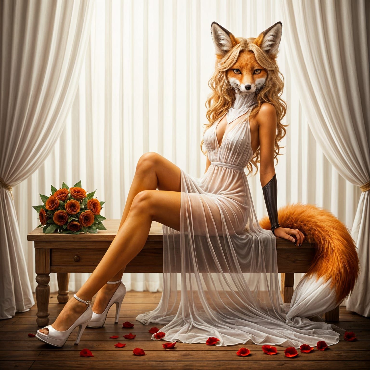 Elegant Anthropomorphic Fox in Serene Garden Setting