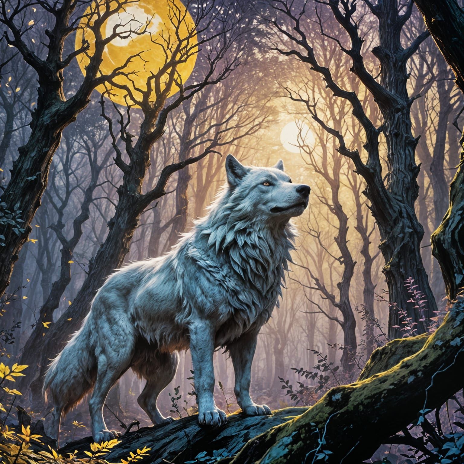 Mythical White Wolf with Blue Eyes, Dark Fantasy Art