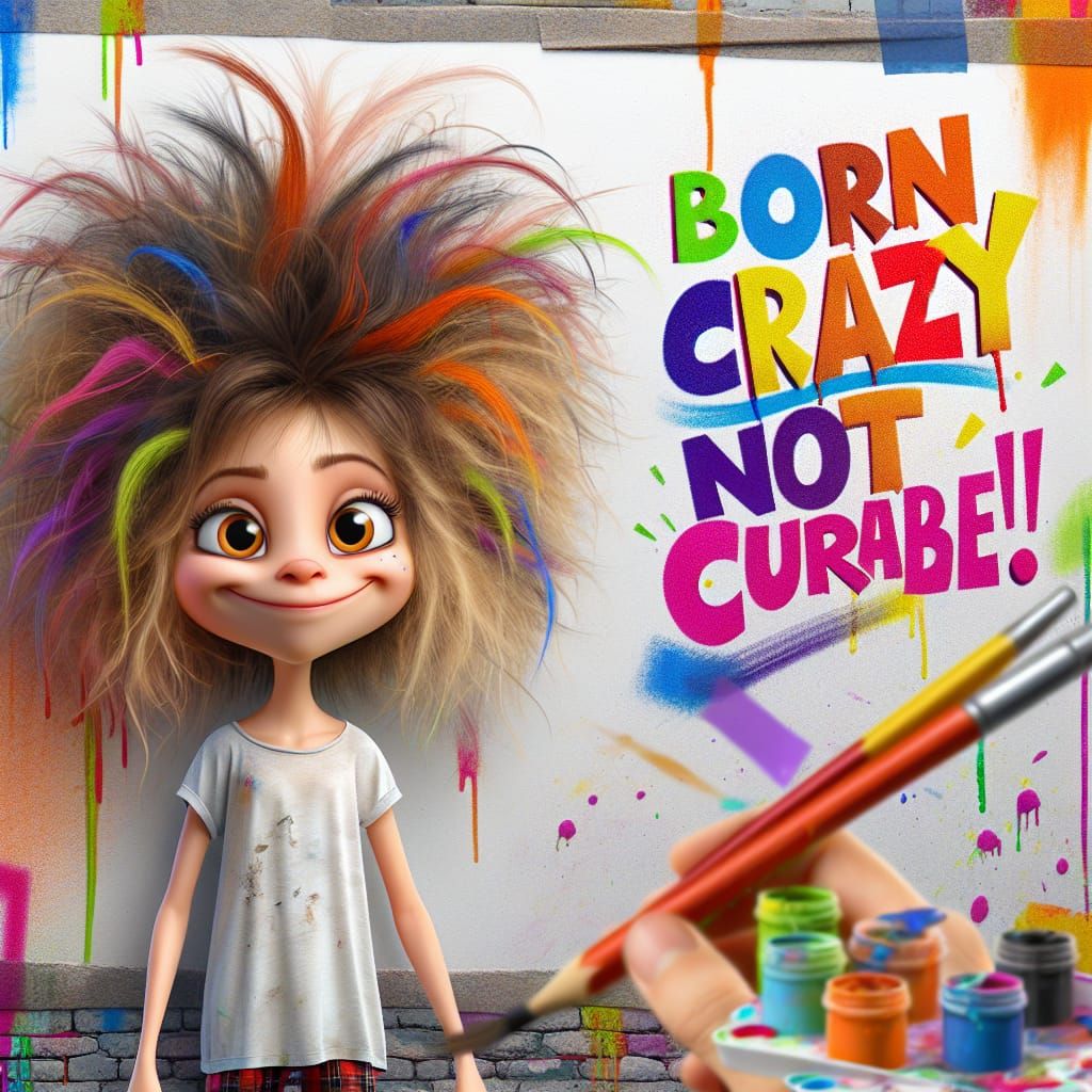 a cartoony caricature image of a girl with messy, frazzled a...