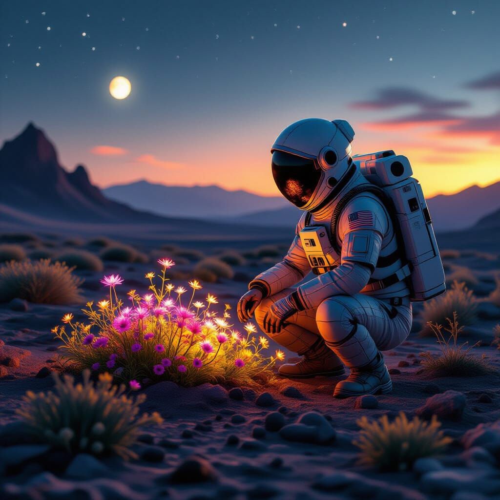 Astronaut Tends Bioluminescent Garden Under Binary Sunset