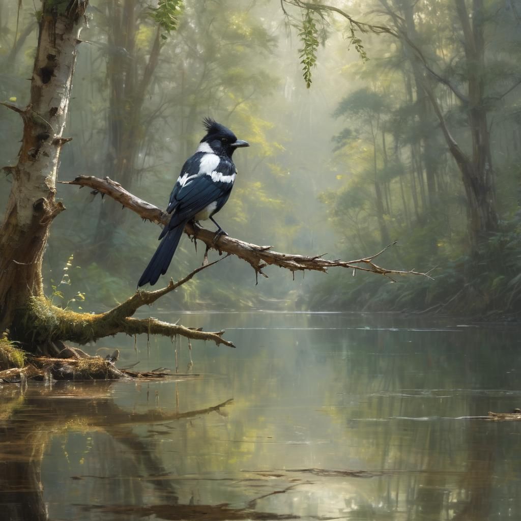 Magpie in Forest: Oil Painting with Dramatic Light