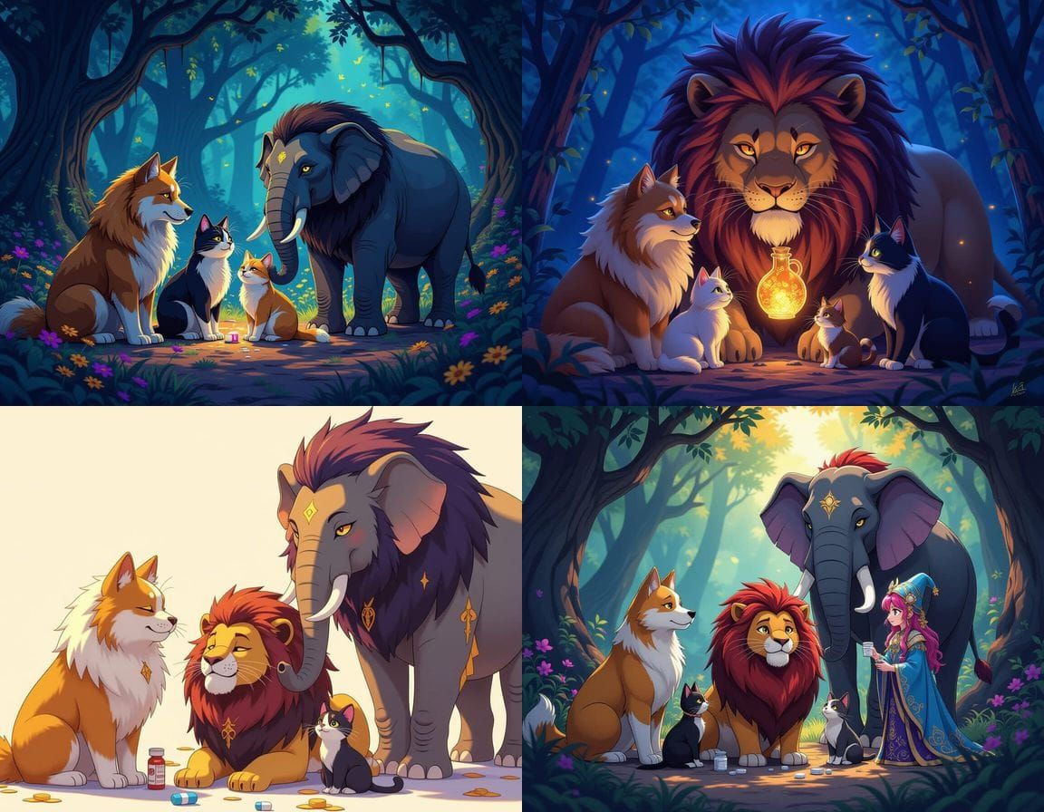 Animals Aid Sick Lion in Dark Fantasy Concept Art