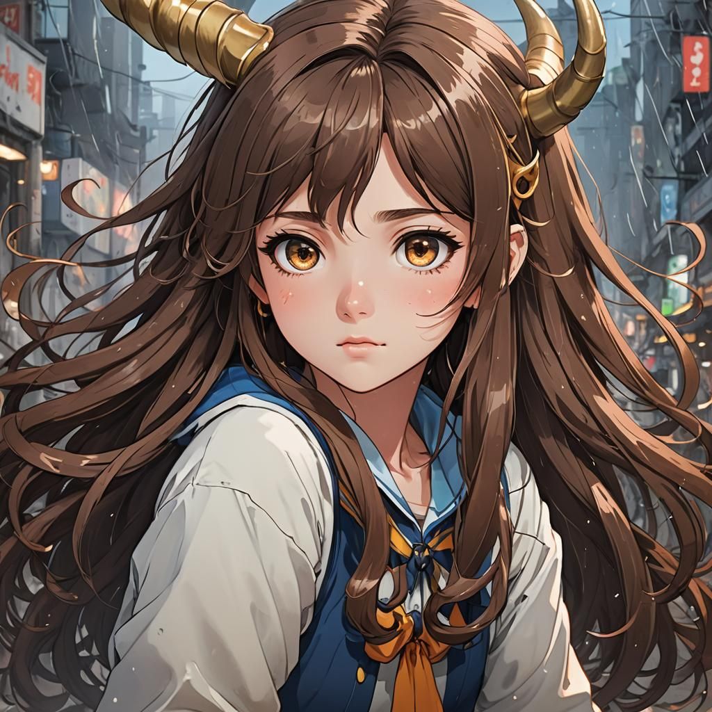 Anime Girl with Horns in Cel-Shaded Style