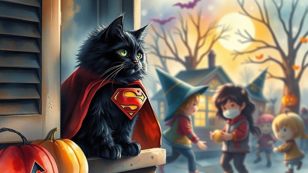 Fluffy Cat in Superman Costume Watches Halloween Trick-or-Tr...