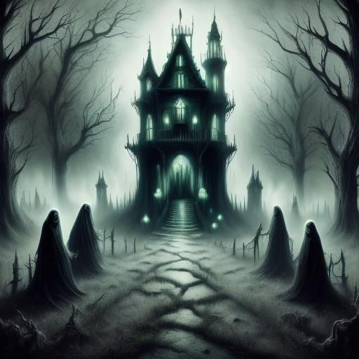 Haunted Mansion with Spectral Figures in Dark Fantasy Style