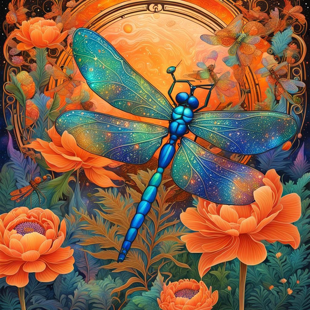 Art Nouveau Fairy with Dragonfly and Peonies