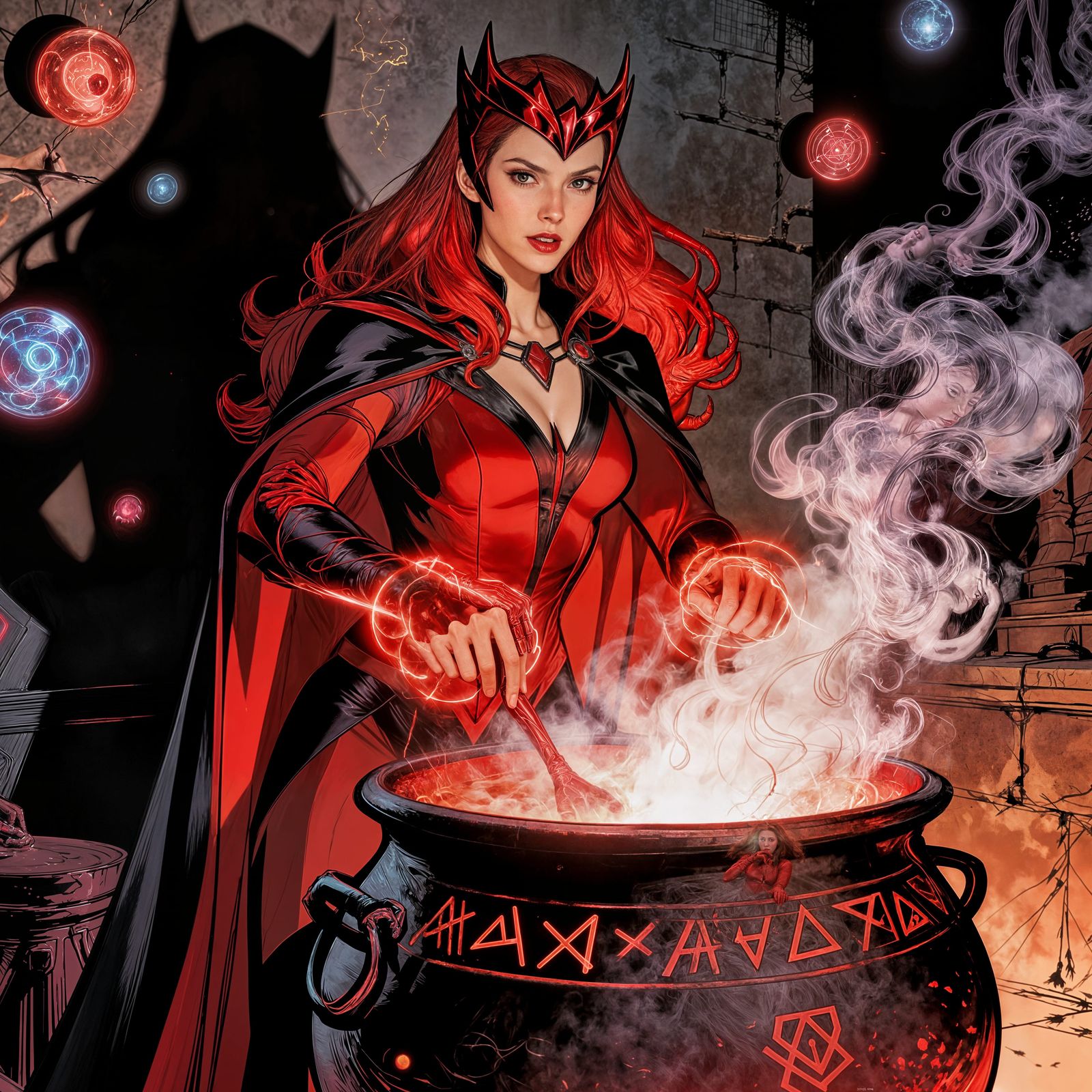 Comic Scarlet Witch Stirs Steaming Cauldron With Glowing Han...