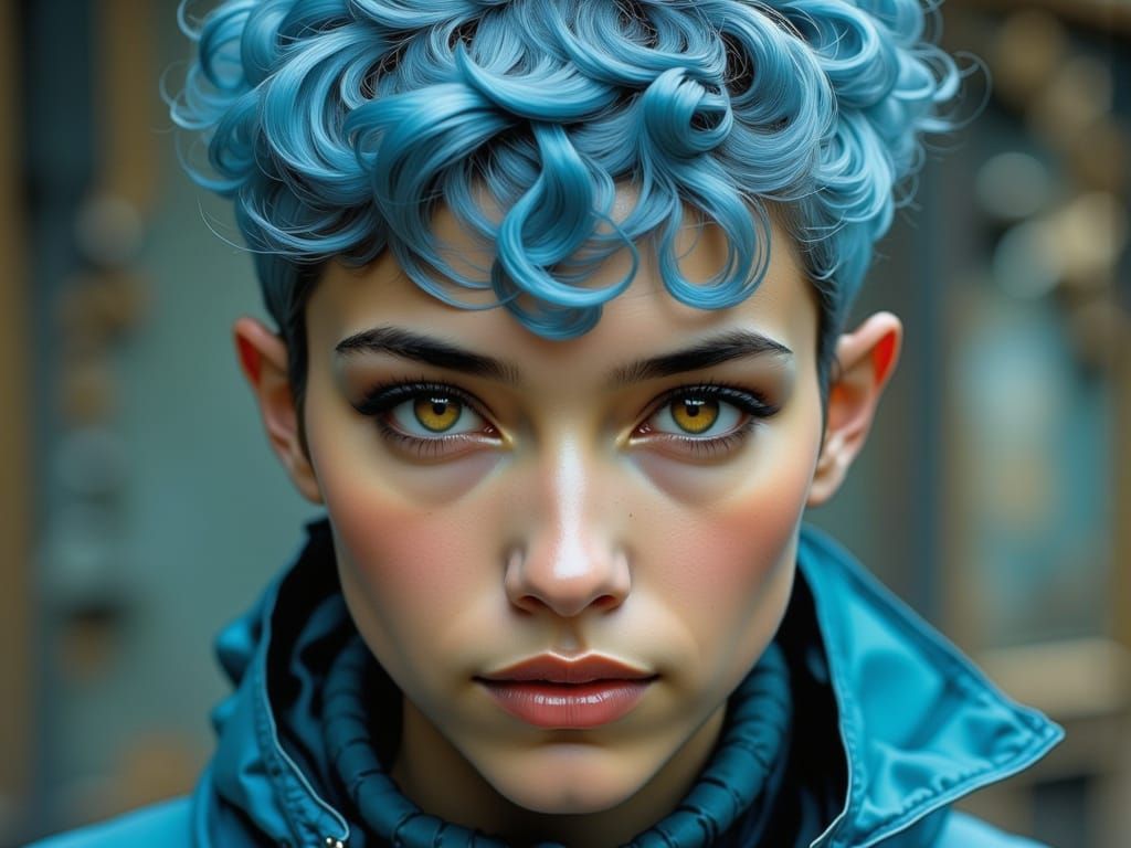 Punk Scientist with Blue-Grey Hair in Bright Contrasted Colo...