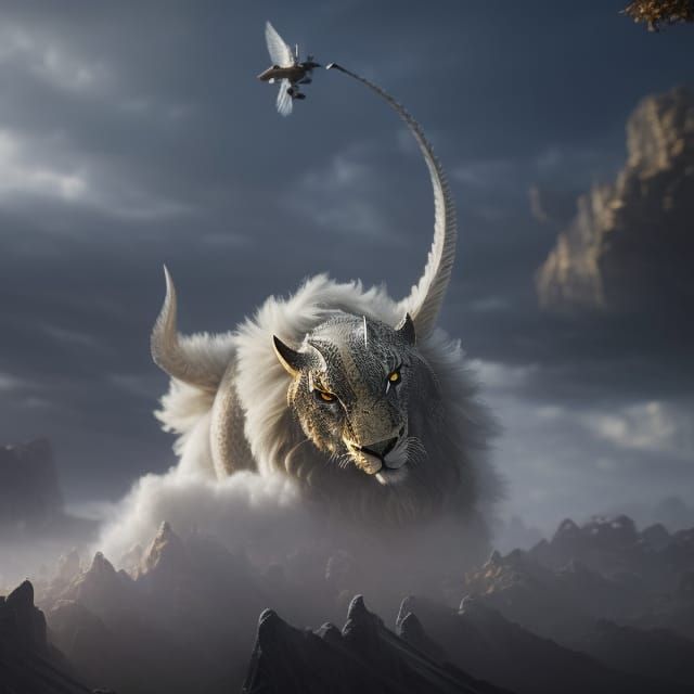 Holographic Lion Running Through Clouds