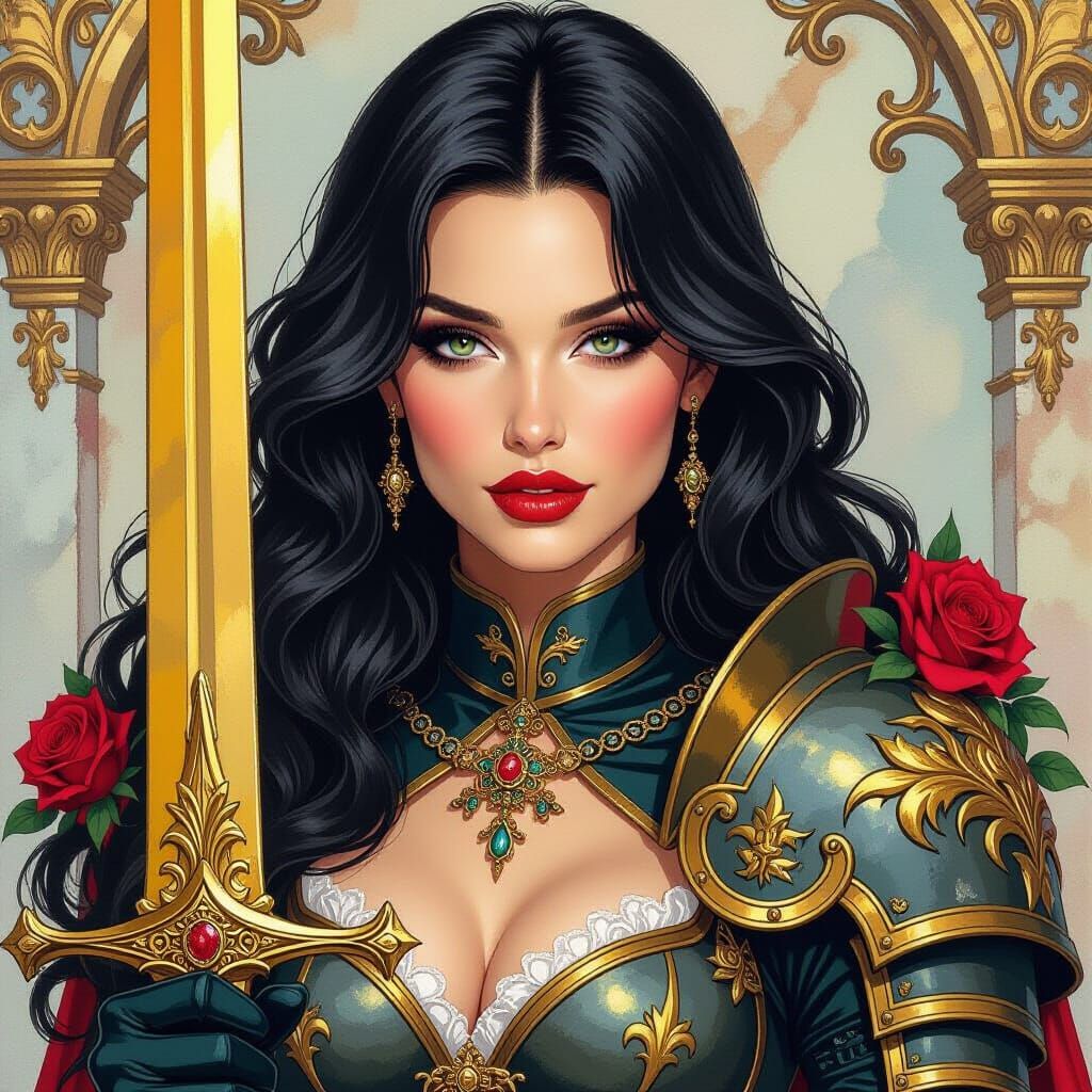 Majestic Woman in Gothic Armor, Gouache Watercolor Style