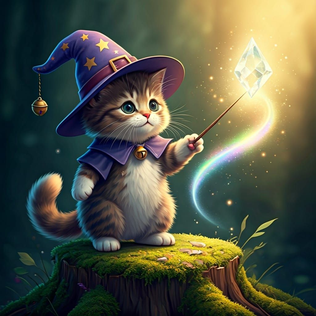 Kitten Witch Casting Rainbow Spell in Forest