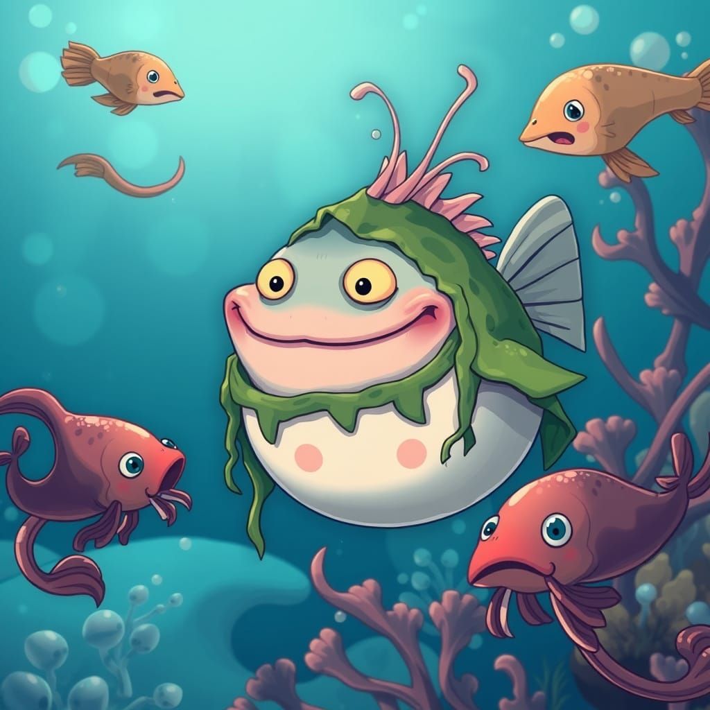 Cartoon Blobfish Mischief in Animated Ocean Scene