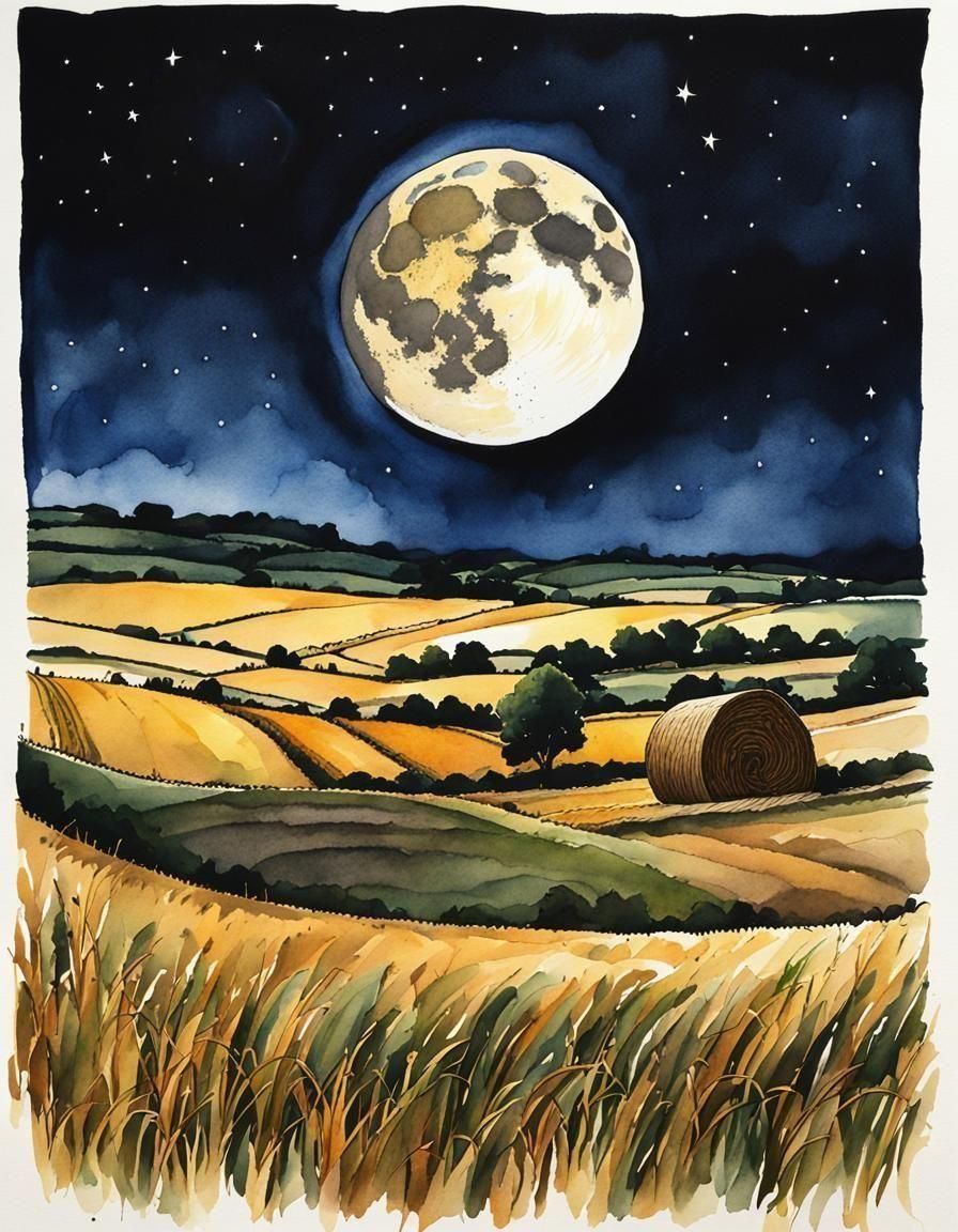 Cross-Section of Earth Under Full Moon in Watercolor