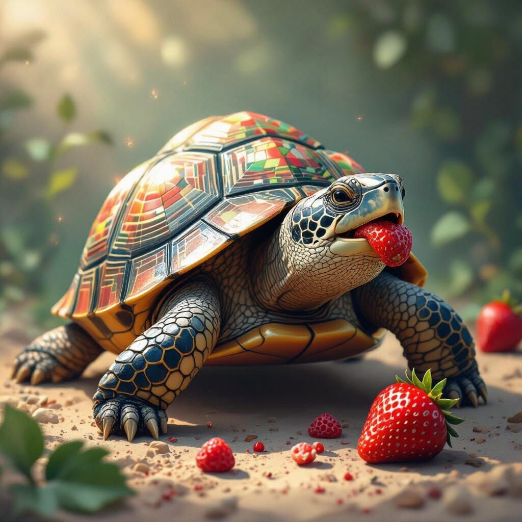 Ancient Greek Turtle Eats Strawberry in Ethereal Matte Paint...