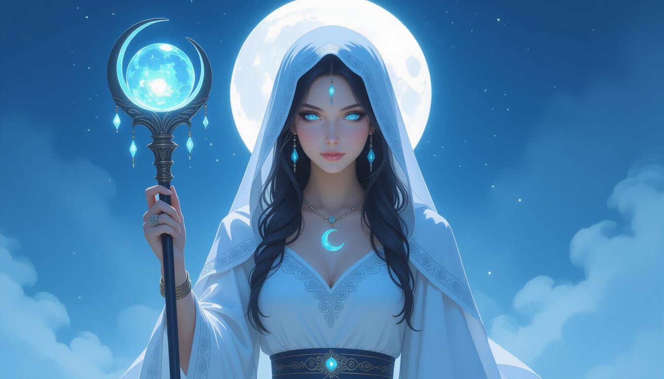 Ethereal Moonseer Figure with Orb Staff and Glowing Eyes