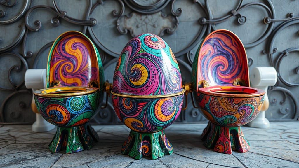 Steampunk Toilets Made from Psychedelic Easter Eggs in a Fut...