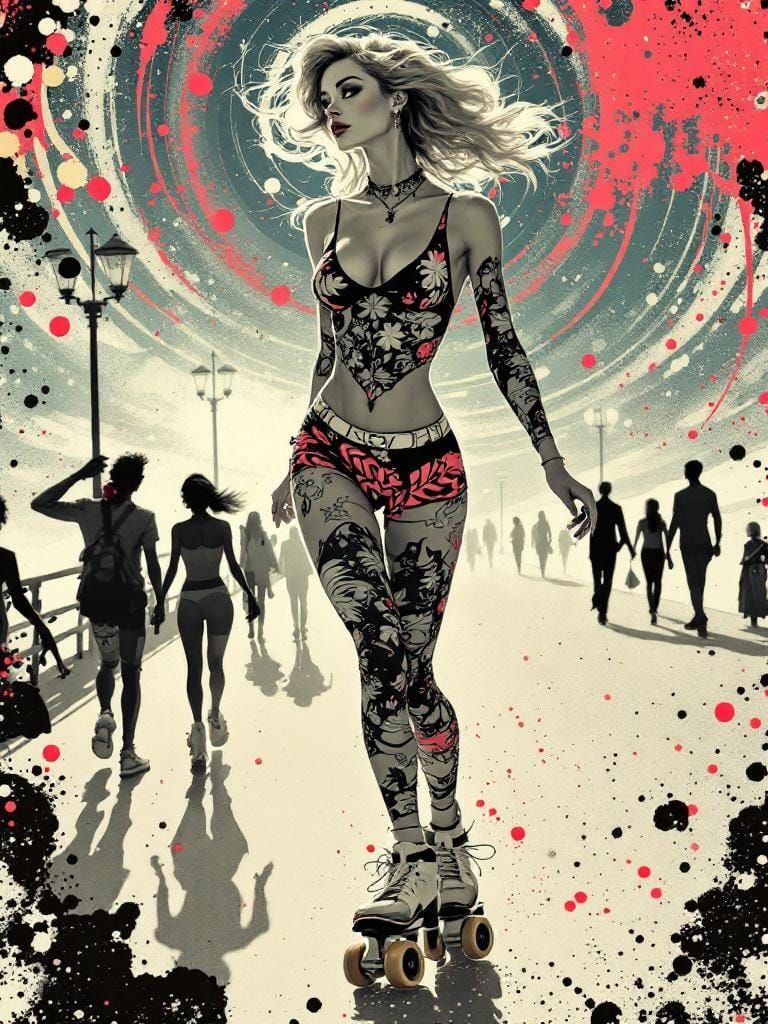 Roller Skating Pin-Up in Pop Art Style