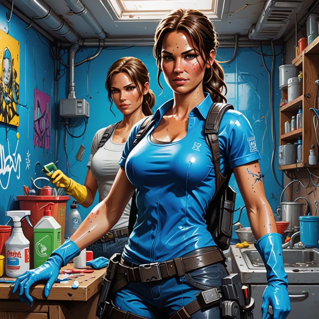 Lara Croft as Vibrant Android Housekeeper in Graffiti Art St...