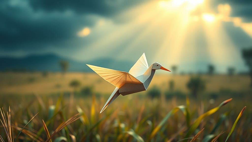 Origami Bird Flies over Stormy Savanna