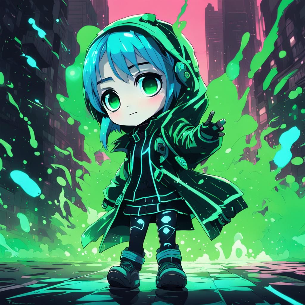 Gothic Noir Chibi Graffiti Art with Phosphorescent Colors