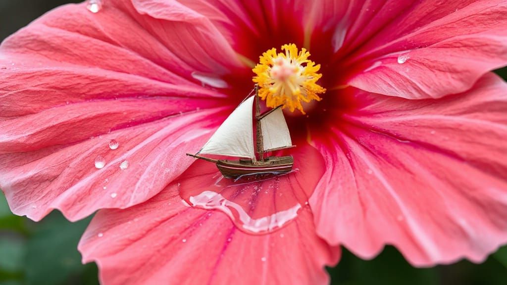 Hibiscus Flower with Ship Sailing on Dewdrop