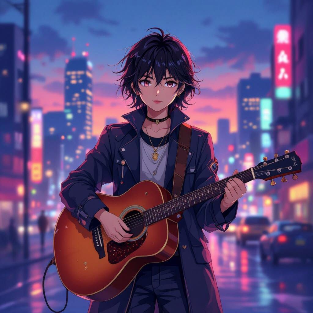 Anime Musician in Neon Cityscape, Makoto Shinkai & Loish Sty...