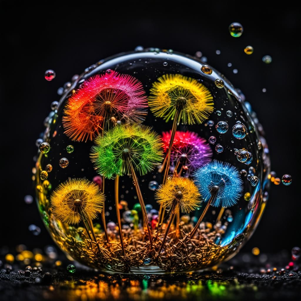 Steampunk Glass Ball with Dandelion Seeds and Splatters
