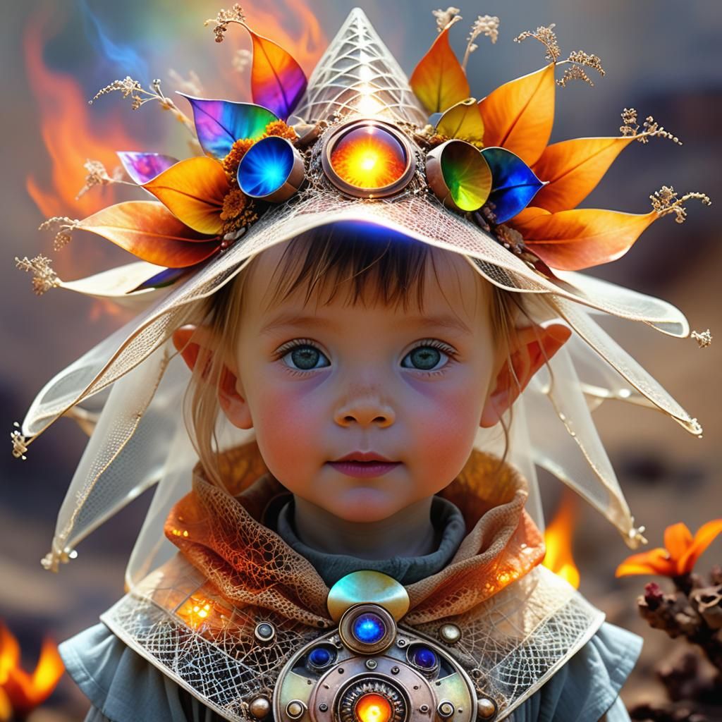 Flaming Copper Cyborg Toddler in Fire Wonderland
