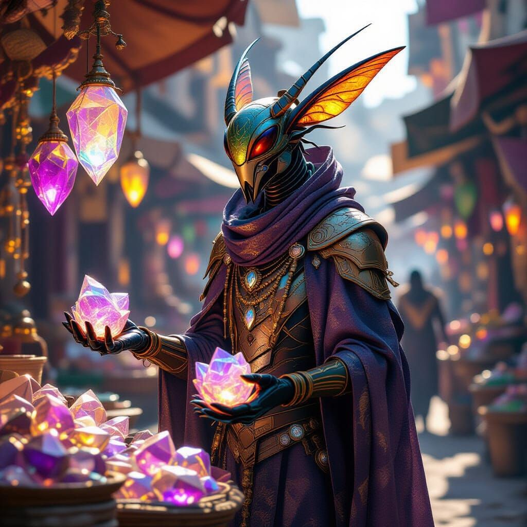 Alien Merchant Offers Crystalline Fruit Under Twin Suns