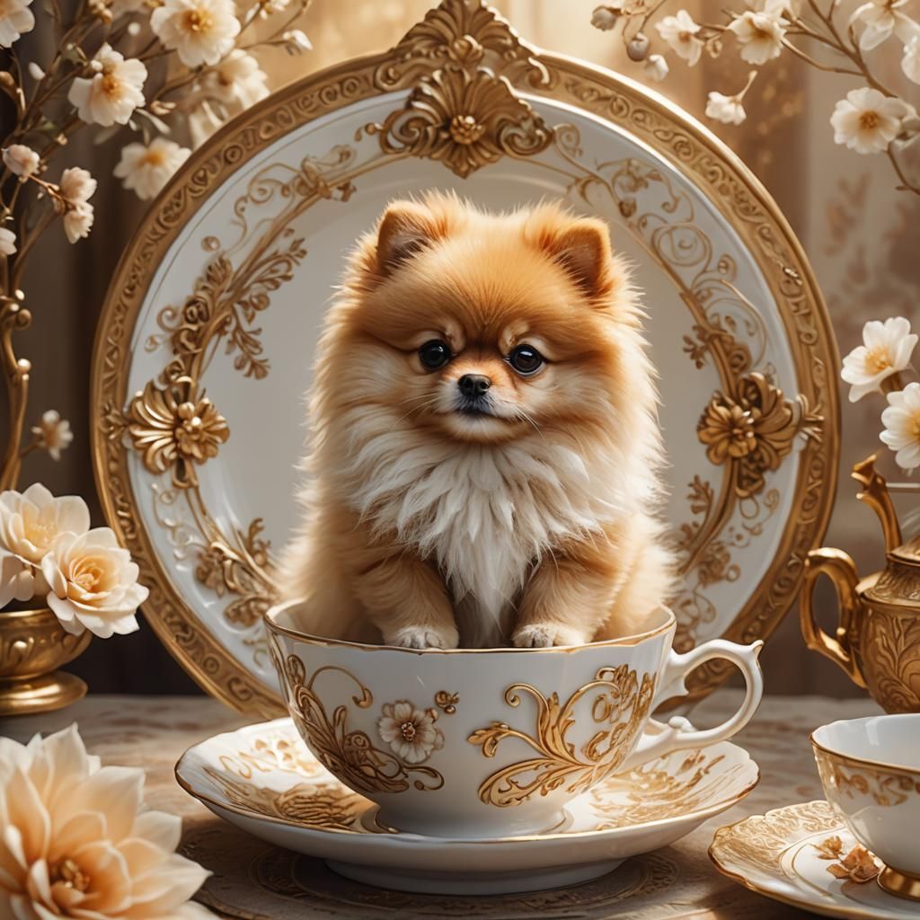 Teacup Pomeranian in Porcelain Cup: Fantasy Concept Art