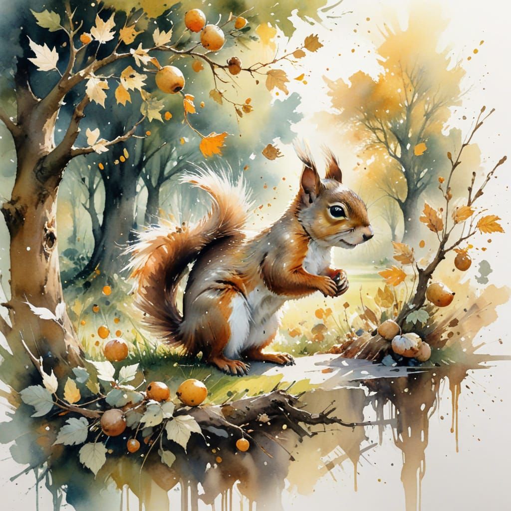 Squirrel in Golden Orchard: Watercolour Painting
