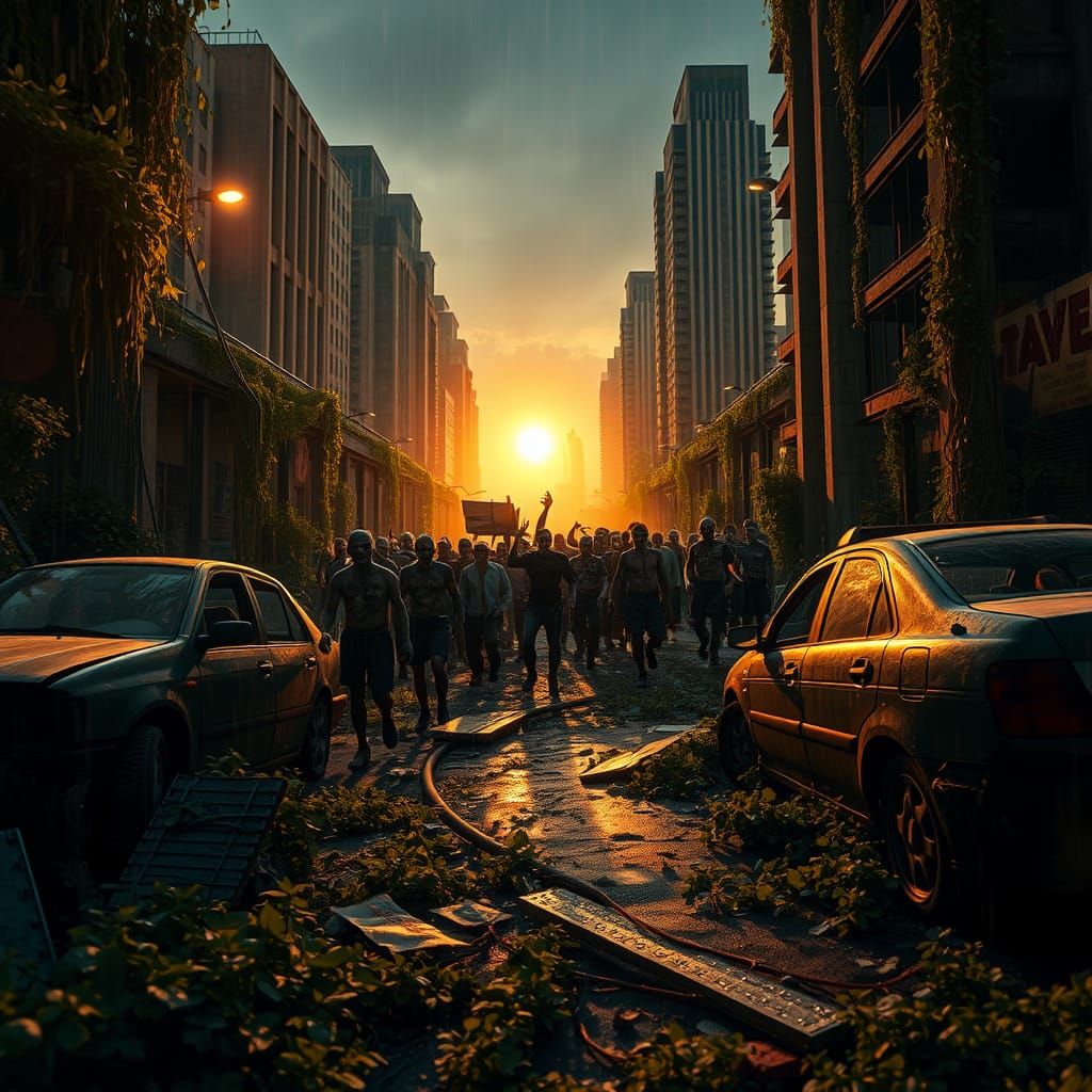 Zombie Horde in Ruined Cityscape