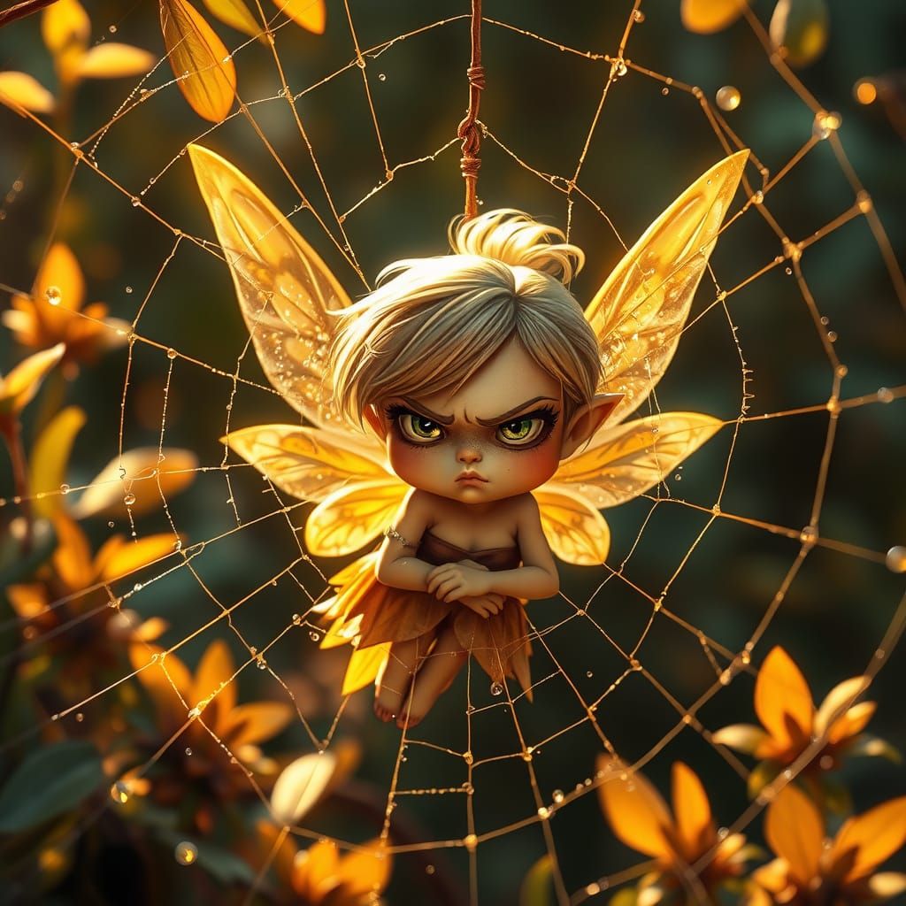 Whimsical Fairy Trapped in Golden Spiderweb