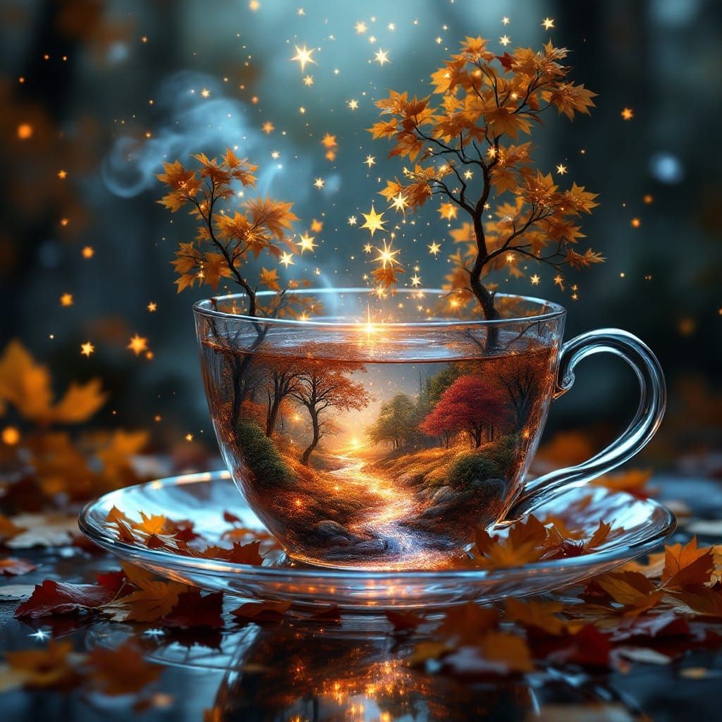 Magical Autumn Landscape in Crystal Tea Cup