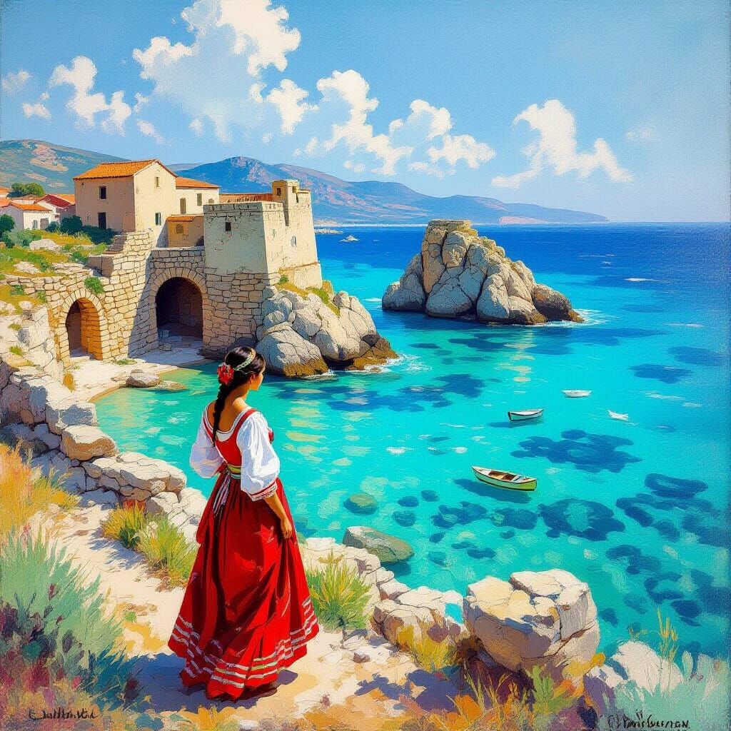 Sardinian Woman Near Nuraghi in Vibrant Mediterranean Landsc...