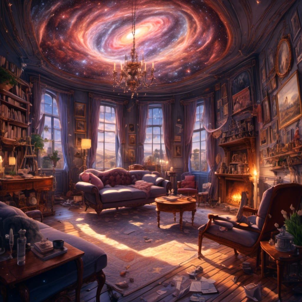 Surreal Living Room in Space with Star Portals