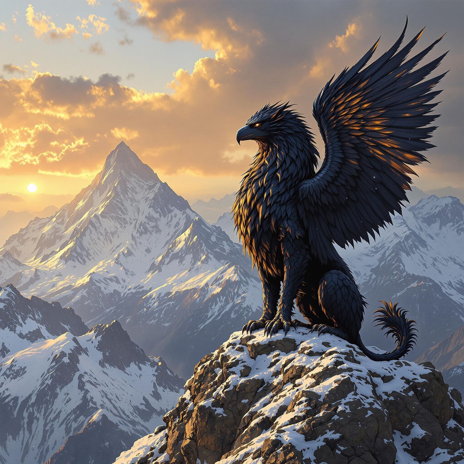 Black Griffin Perched on Snowy Peak at Sunset