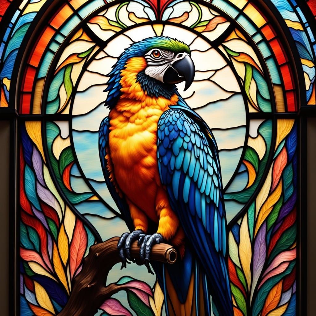 Stained Glass Tropical Parrot in Art Nouveau Style