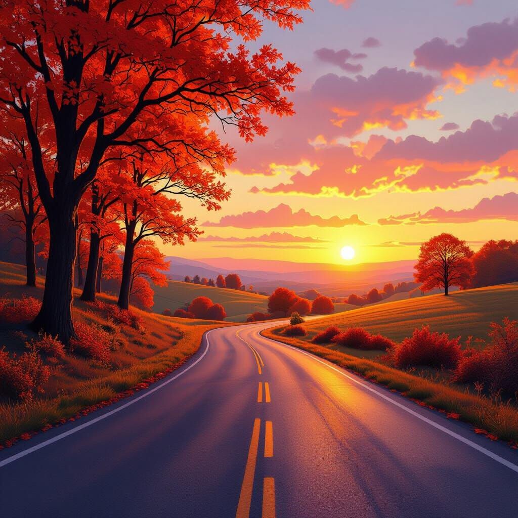 Golden Hour Country Road Amidst Autumn Trees