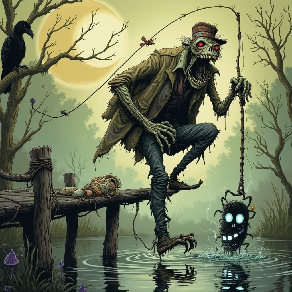 Zombie's Surreal Catch on Haunted Pier in Dark Whimsical Sty...
