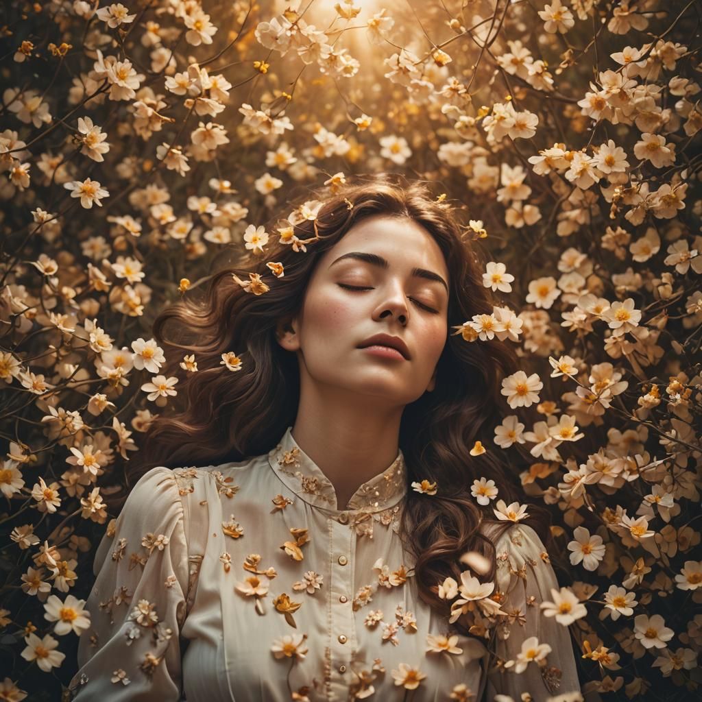 Ethereal Rebirth: Woman Surrounded by Blooming Flowers