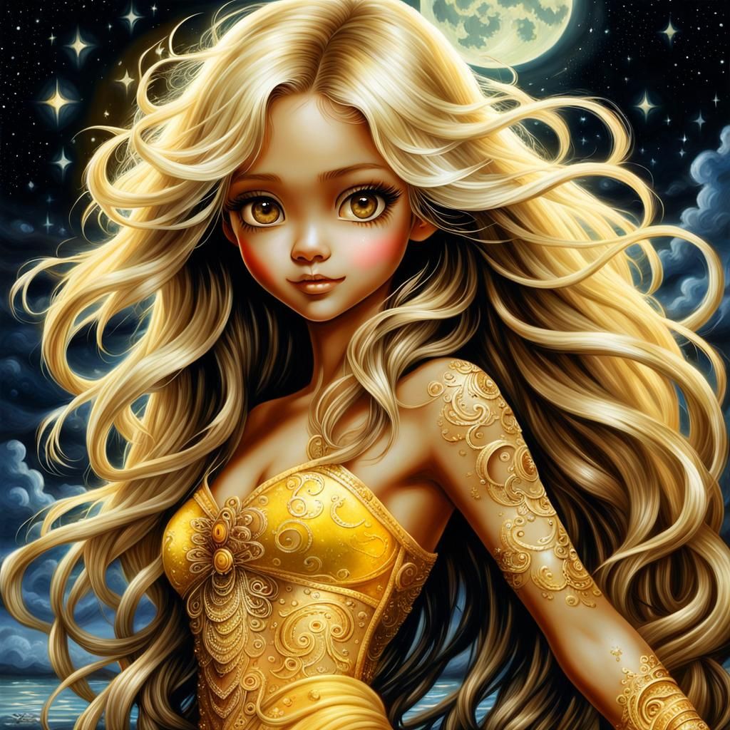 Fantasy Art: Beautiful Woman with Blonde Hair and Yellow Eye...