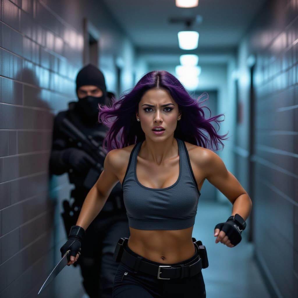 Woman Flees Dark Hallway from Tactical Man with Knife