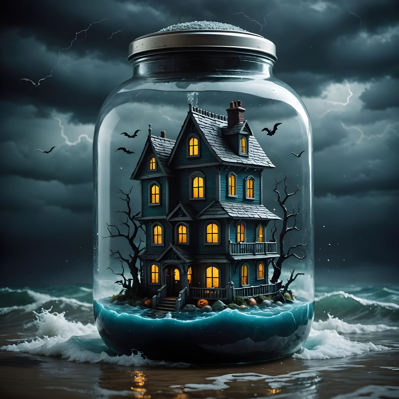 Retrofuturistic Haunted House in a Glass Jar