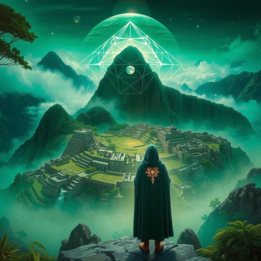 Mystical Sky Island over Machu Picchu in Charcoal Style