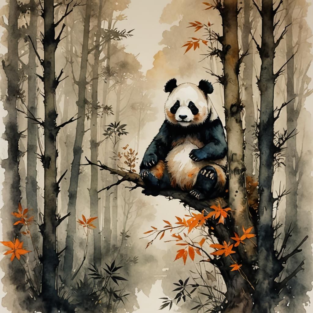 Lonely Panda in Misty Forest, Watercolor Ink Art